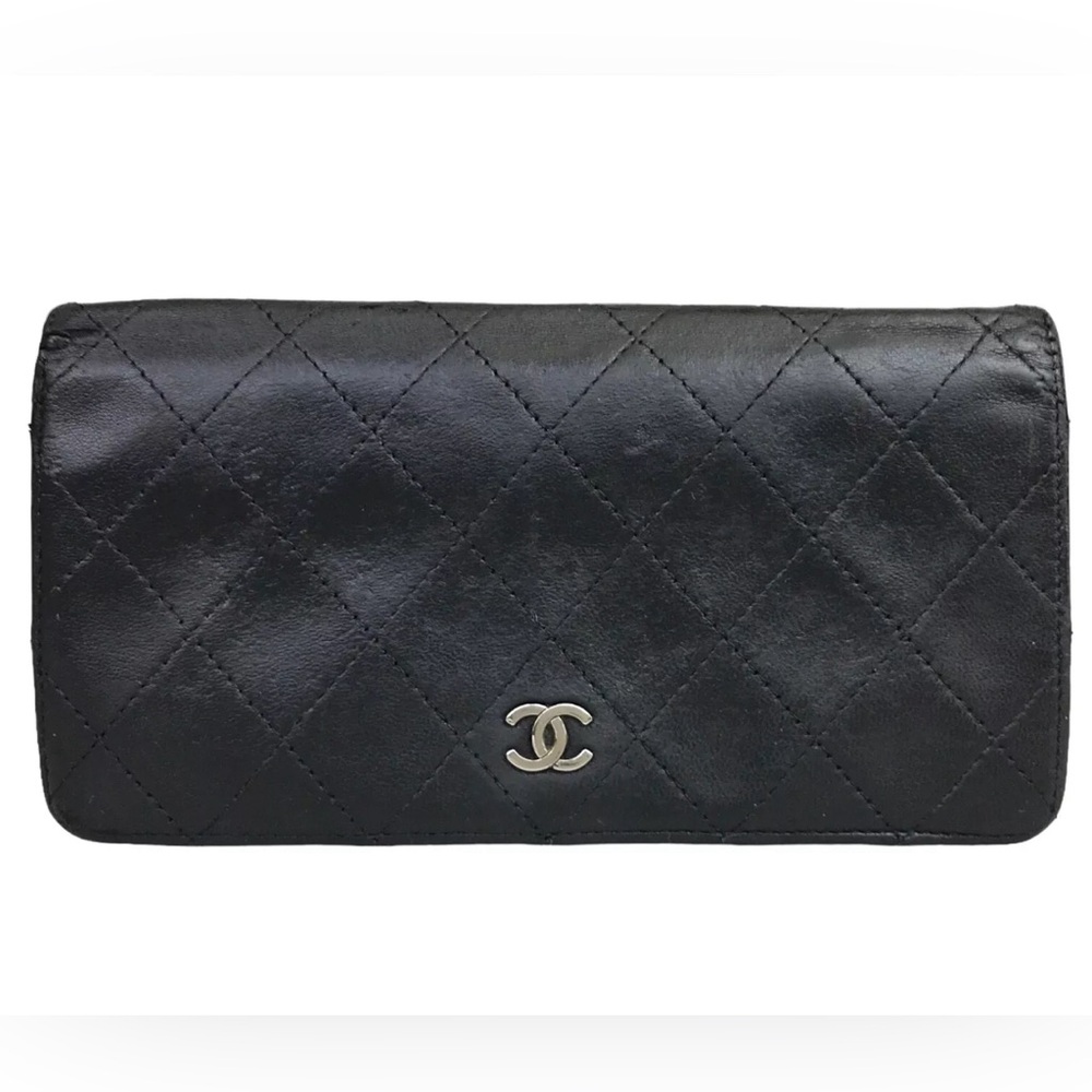 CHANEL Wallet Long Wallet Matelasse Coco mark Leather Black Vintage Authentic